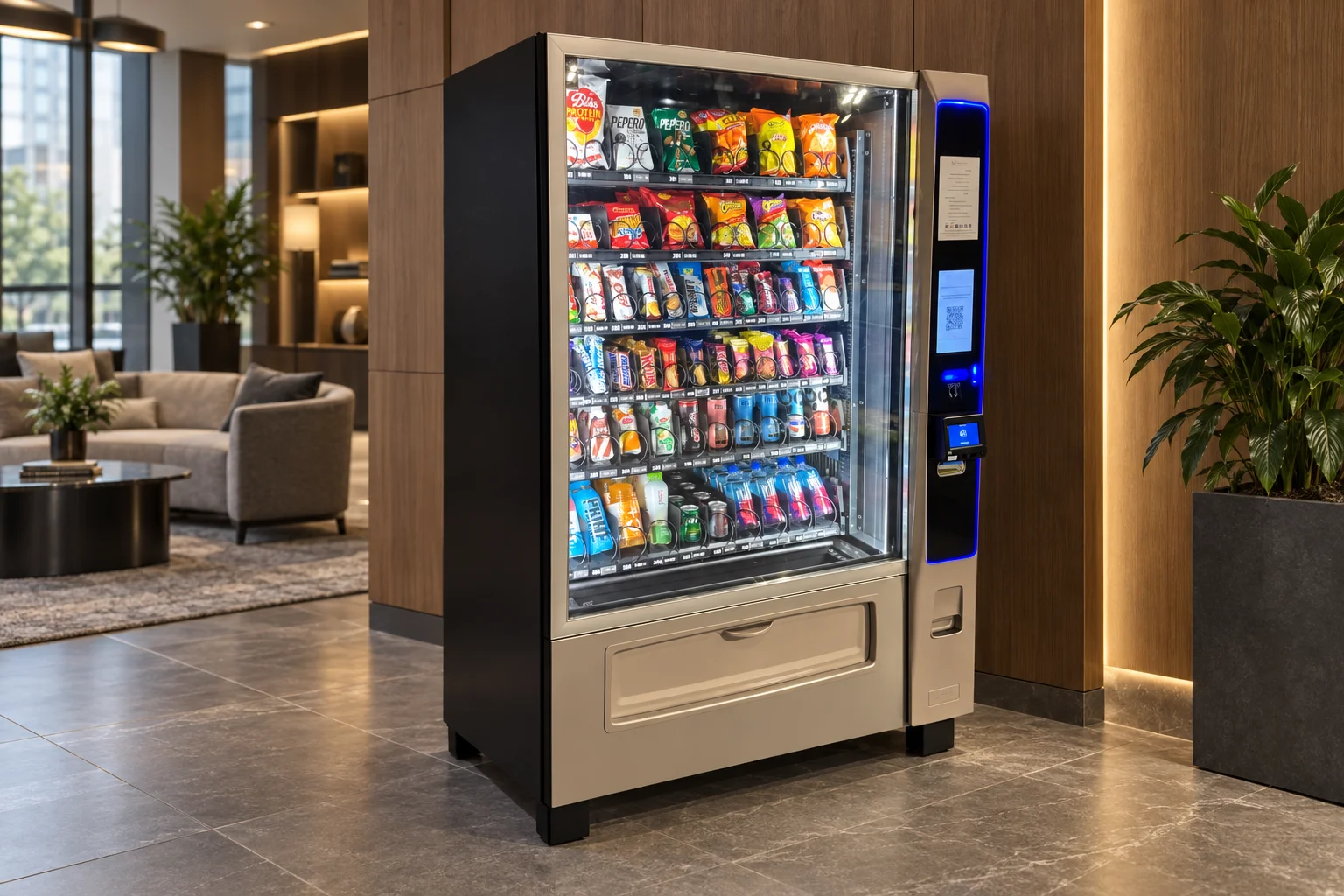 Our vending machine in a refined lounge with warm wood and grey stone, an edited setting concept.