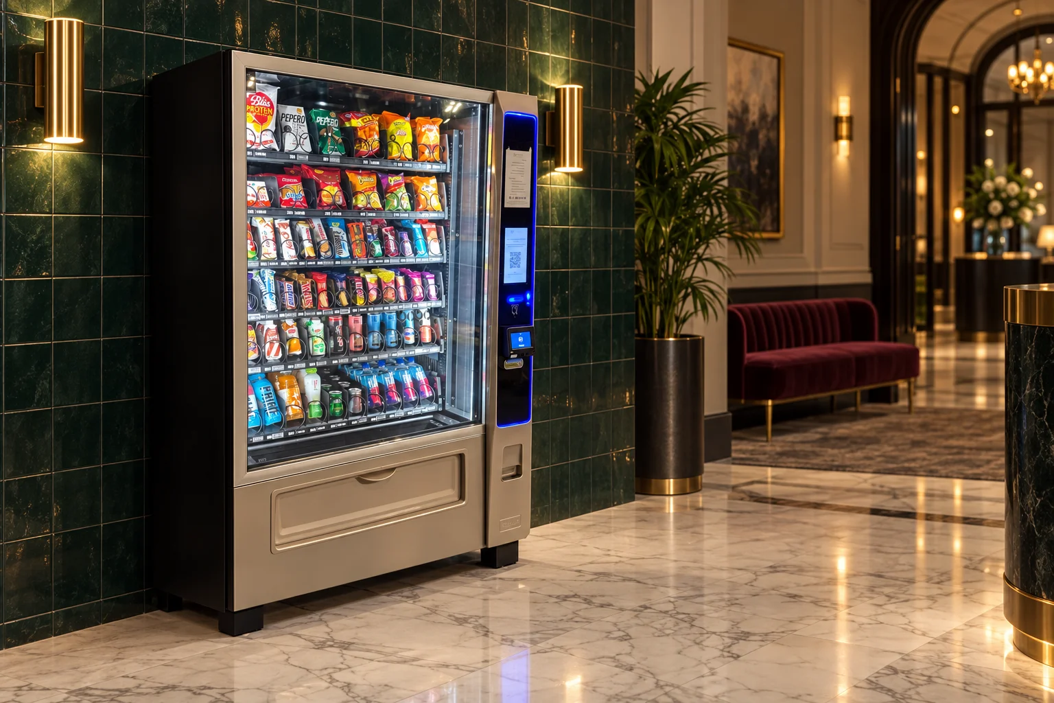 Our vending machine in a welcoming reception lounge — a location visualisation.