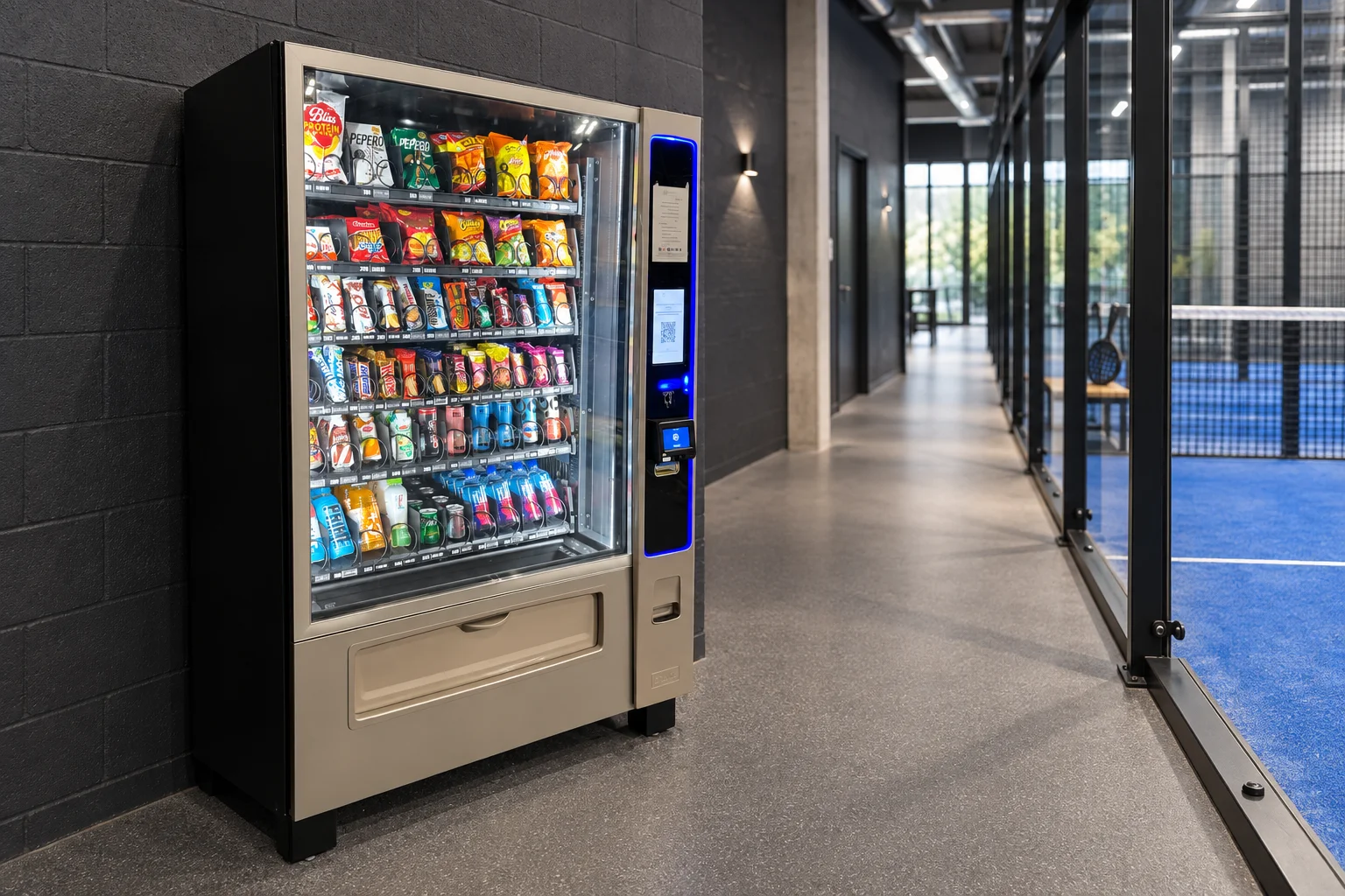Our vending machine beside an indoor padel court — a location visualisation.